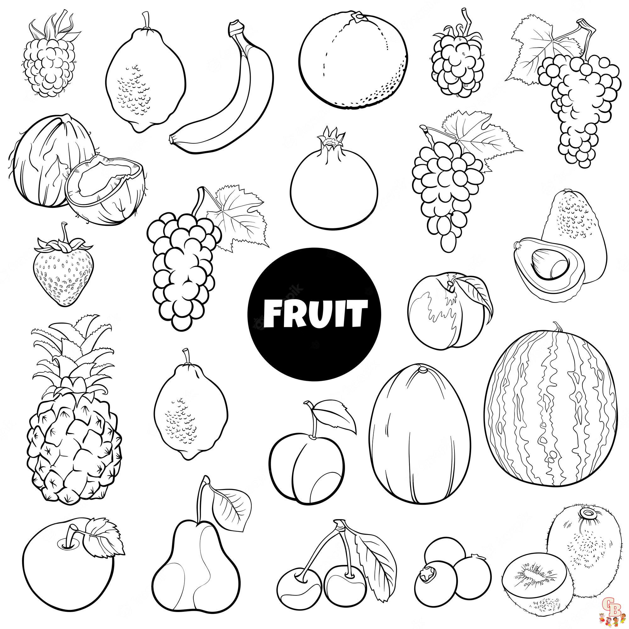 Gratis fruitkleurplaten - Aardbeien, bananen, sinaasappels, appels en meer